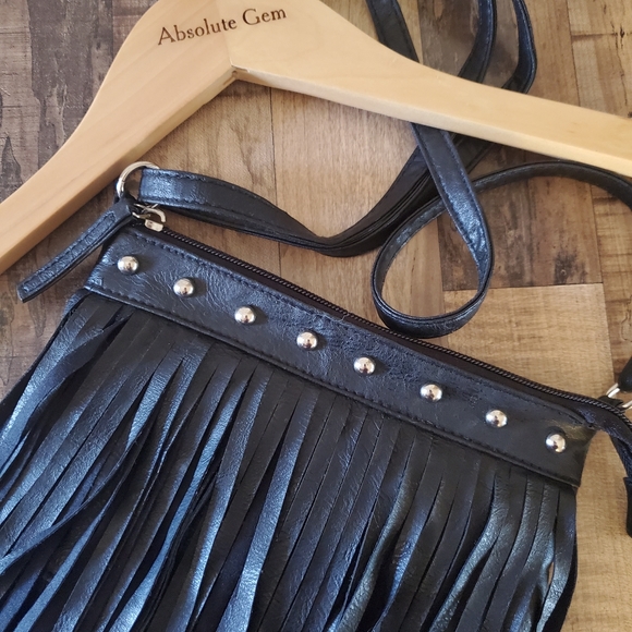 Bongo black fringe crossbody bag purse with stud detail and an adjustable strap - Picture 4 of 16